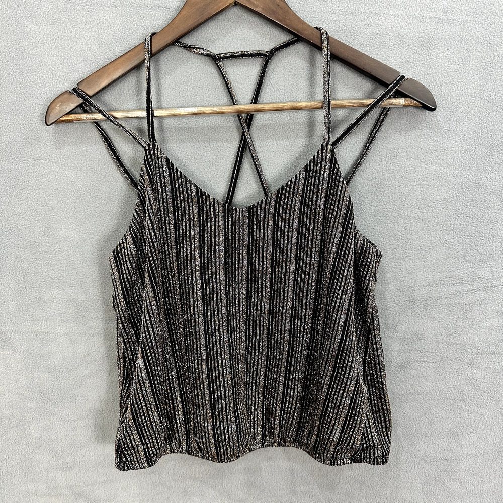 Express Crop Top Womens XS Black Shimmer Metallic Strappy‎ Glam Party Boho Y2K